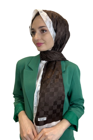 Hint İpek Dama Desenli Monogram Şal 00707  ACI KAHVE ürün görseli 1
