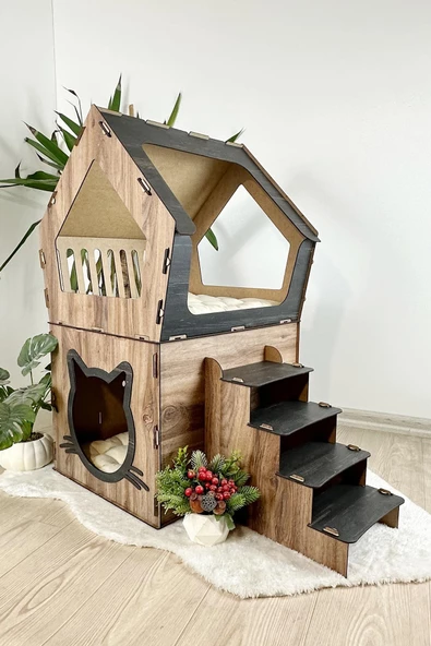 Mavitrend Ahşap Büyük Kedi Evi XXL Açık Teraslı Model 5 Kg Üstü Kediler İçin Kahve- Siyah Renk ürün görseli 1