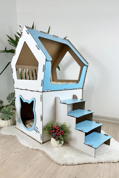 Mavitrend Ahşap Büyük Kedi Evi XXL Açık Teraslı Model 5 Kg Üstü Kediler İçin Mavi - Beyaz Renk ürün görseli 1