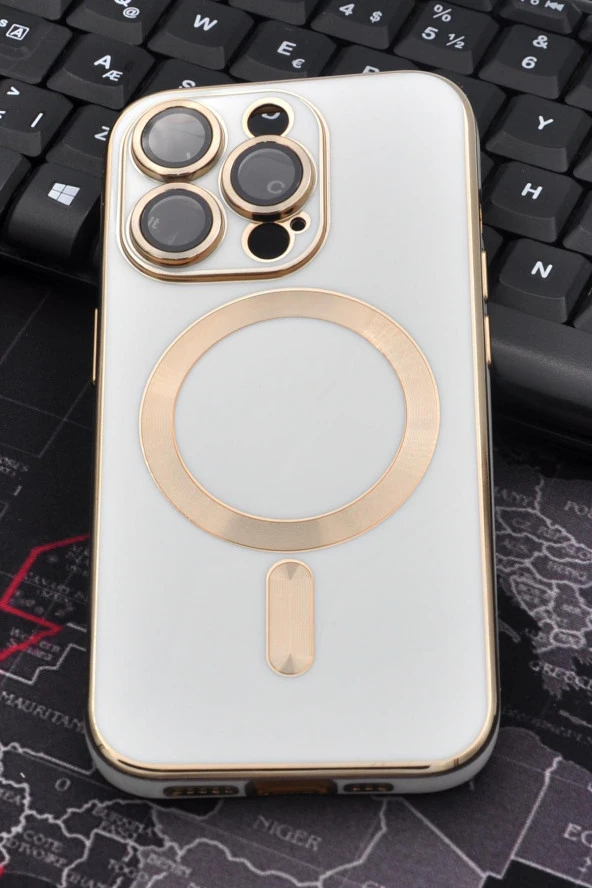 iPhone 14 Pro Max Uyumlu MagSafe Özellikli Lens Korumalı Lazerli Renkli Kılıf Krem ürün görseli 1
