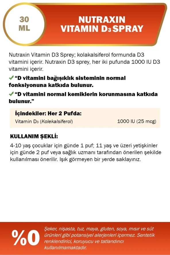 NUTRAXIN VİTAMİN D3 SPREY 1000 IU 30ML - Resim 2