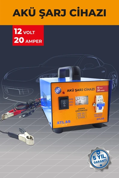 ATLAS AKÜ ŞARJ CİHAZI 12 VOLT 20 AMPER 5 YIL GARANTİ ürün görseli 1