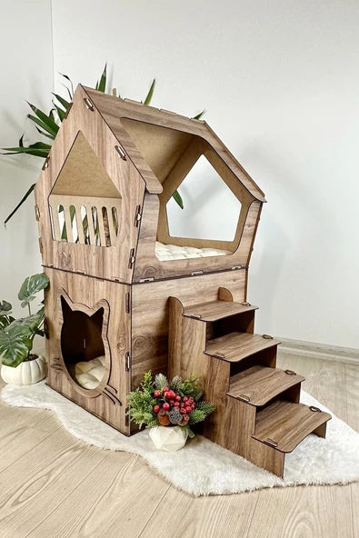 Mavitrend Ahşap Büyük Kedi Evi XXL Açık Teraslı Model 5 Kg Üstü Kediler İçin Kahverengi Renk ürün görseli 1