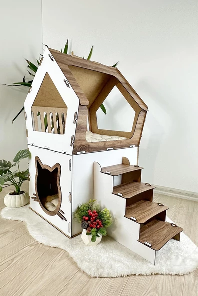 Mavitrend Ahşap Büyük Kedi Evi XXL Açık Teraslı Model 5 Kg Üstü Kediler İçin Kahve- Beyaz Renk ürün görseli 1