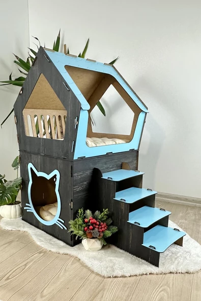 Mavitrend Ahşap Büyük Kedi Evi XXL Açık Teraslı Model 5 Kg Üstü Kediler İçin Mavi - Siyah Renk ürün görseli 1