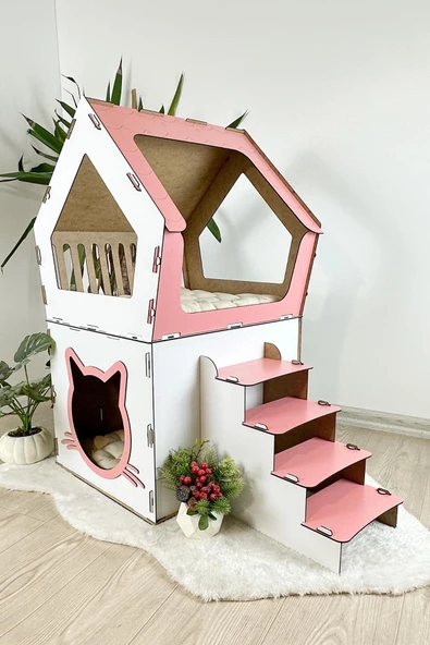 Mavitrend Ahşap Büyük Kedi Evi XXL Açık Teraslı Model 5 Kg Üstü Kediler İçin Pembe - Beyaz Renk ürün görseli 1
