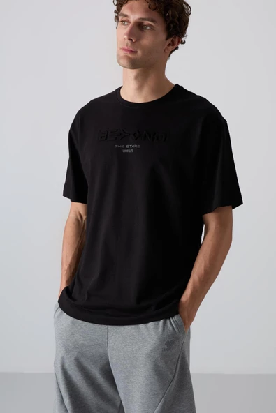 Siyah Pamuklu Kalın Yumuşak Dokulu Oversize Fit Baskılı Erkek T-Shirt - 88328 ürün görseli 1