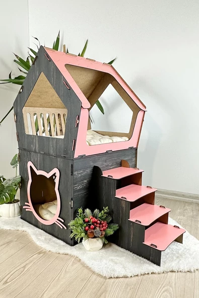 Mavitrend Ahşap Büyük Kedi Evi XXL Açık Teraslı Model 5 Kg Üstü Kediler İçin Pembe - Siyah Renk ürün görseli 1