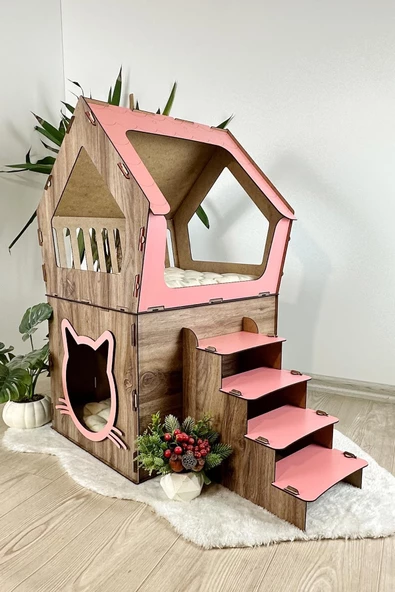 Mavitrend Ahşap Büyük Kedi Evi XXL Açık Teraslı Model 5 Kg Üstü Kediler İçin Kahve- Pembe Renk ürün görseli 1