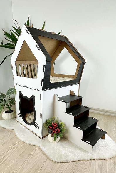 Mavitrend Ahşap Büyük Kedi Evi XXL Açık Teraslı Model 5 Kg Üstü Kediler İçin Beyaz- Siyah Renk ürün görseli 1