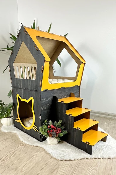 Mavitrend Ahşap Büyük Kedi Evi XXL Açık Teraslı Model 5 Kg Üstü Kediler İçin Sarı- Siyah Renk ürün görseli 1