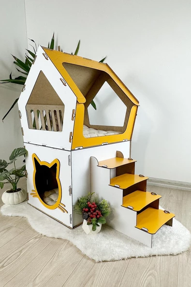 Mavitrend Ahşap Büyük Kedi Evi XXL Açık Teraslı Model 5 Kg Üstü Kediler İçin Beyaz- Sarı Renk ürün görseli 1
