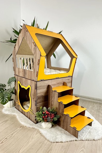 Mavitrend Ahşap Büyük Kedi Evi XXL Açık Teraslı Model 5 Kg Üstü Kediler İçin Sarı -Kahverengi  Renk ürün görseli 1