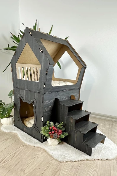 Mavitrend Ahşap Büyük Kedi Evi XXL Açık Teraslı Model 5 Kg Üstü Kediler İçin Siyah Renk ürün görseli 1