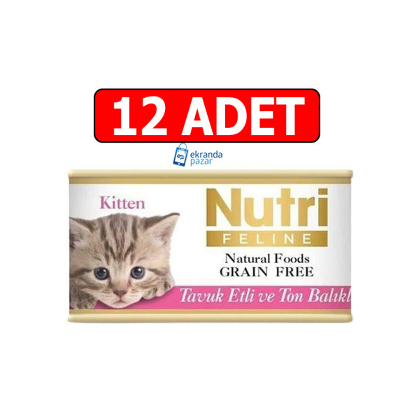 Nutri feline tahılsız tavuk etli ve ton balıklı kitten yavru kedi yaş maması 85grx12Adet konserve ürün görseli 1