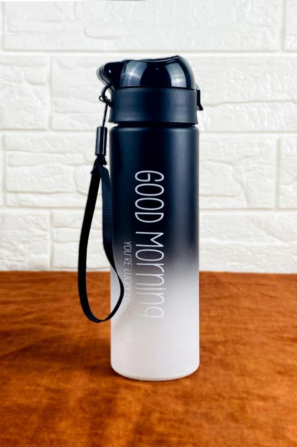 Plastik 500cc Good Morning Su Şişesi Matarası Suluk Siyah Beyaz ürün görseli 1