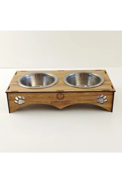Petmagic 2'li Mama Kabı, Ahşap Çelik Kaseli Kedi Mama Kabı, Ahşap Standlı, Metal Kaseli ürün görseli 1
