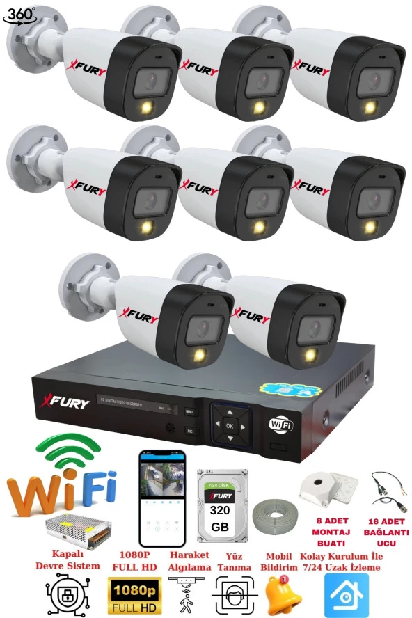 FURY 8 Kameralı 1080P 2Mp Görüntü Gece Renkli Full Hd Ultra Led Gece Renkli Güvenlik Kamerası Seti 320GB ürün görseli 1
