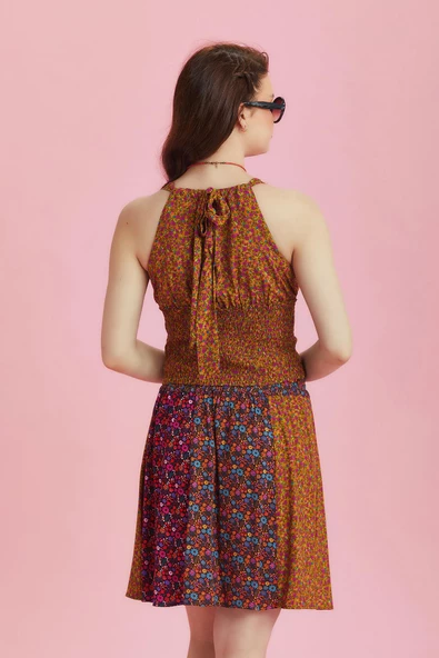 Desenli Patchwork Parçalı Mini Etek - Resim 7