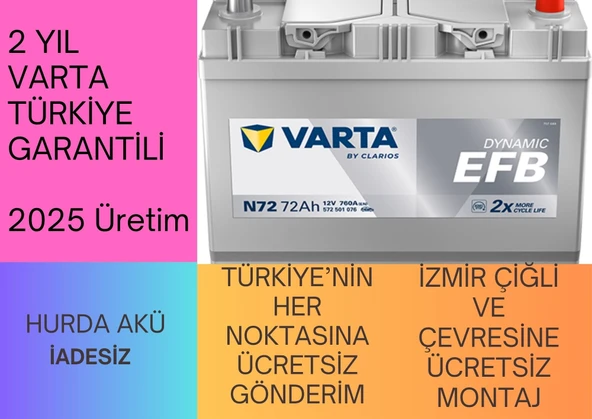 Varta Akü 12V 72 Ah Amper 760A Start-Stop EFB - Hurda Akü İade Etmeniz Gerekmiyor ürün görseli 1