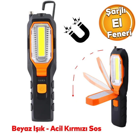 Klaus Led El Feneri Mıknatıslı iş Lambası Askılı Işıldak Kamp Lambası Şarjlı Gece Lambası 3+5 W ürün görseli 1