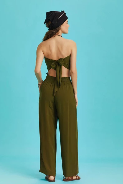 Haki Geniş Paça Straplez Tulum - Resim 5