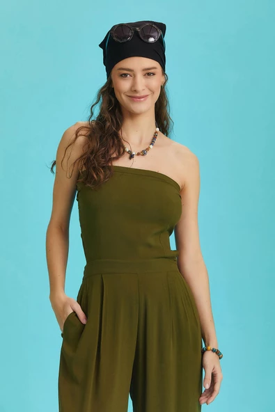 Haki Geniş Paça Straplez Tulum - Resim 2