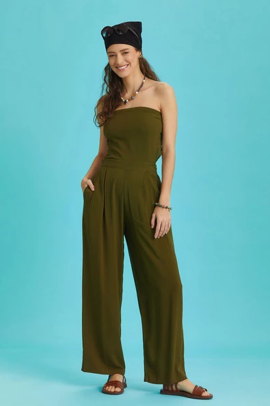 Haki Geniş Paça Straplez Tulum - Resim 4