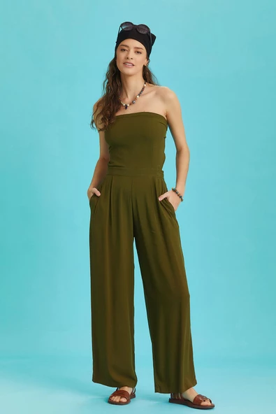 Haki Geniş Paça Straplez Tulum - Resim 3