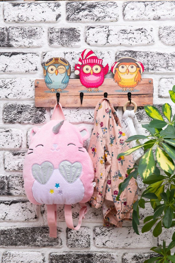 Deep Creations Çocuk Odası Duvar Askılığı 4 Askılı Montessori Doğal Ahşap Uv Baskılı Baykuşlar ürün görseli 1
