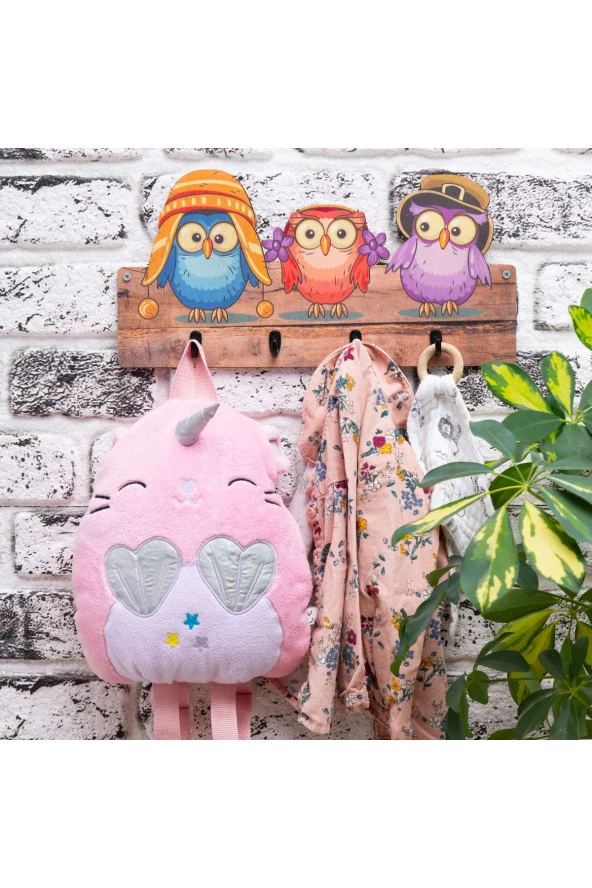 Deep Creative Çocuk Odası Duvar Askılığı 4 Askılı Montessori Doğal Ahşap Uv Baskılı Şapkalı Baykuş ürün görseli 1