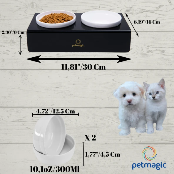 Petmagic Akrilik Pleksi Evcil Hayvan Beyaz Seramik Kaseli Kedi ve SM Köpek Mama Su Kabı-Siyah ürün görseli 1