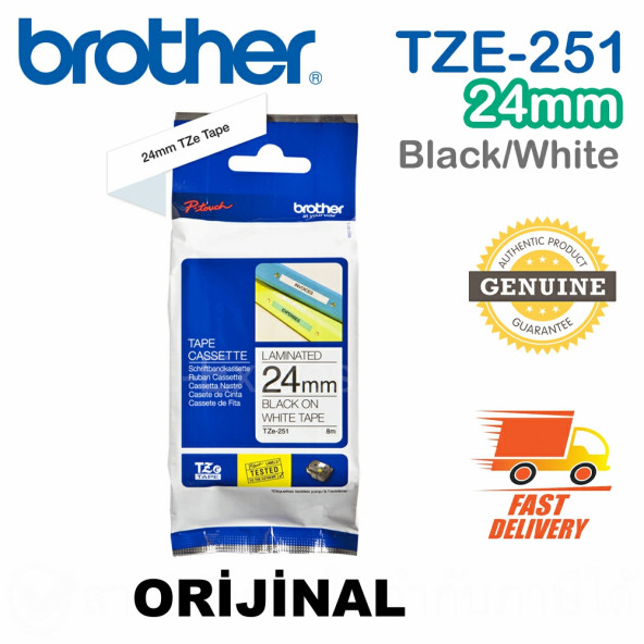 Brother P-Touch TZE-251 24MM x 8m Beyaz Üzerine Siyah Orijinal Laminasyon Etiket Şeridi ürün görseli 1