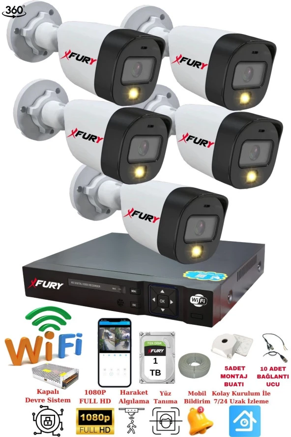 FURY 5 Kameralı 1080P 2Mp Görüntü Gece Renkli Full Hd Ultra Led Gece Renkli Güvenlik Kamerası Seti 1 TB ürün görseli 1