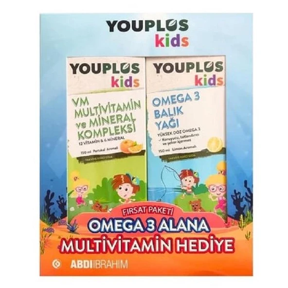 YouPlus Kids Multivitamin 100 ml + Omega 3 Şurup 100ml 2'li Kofre ürün görseli 1