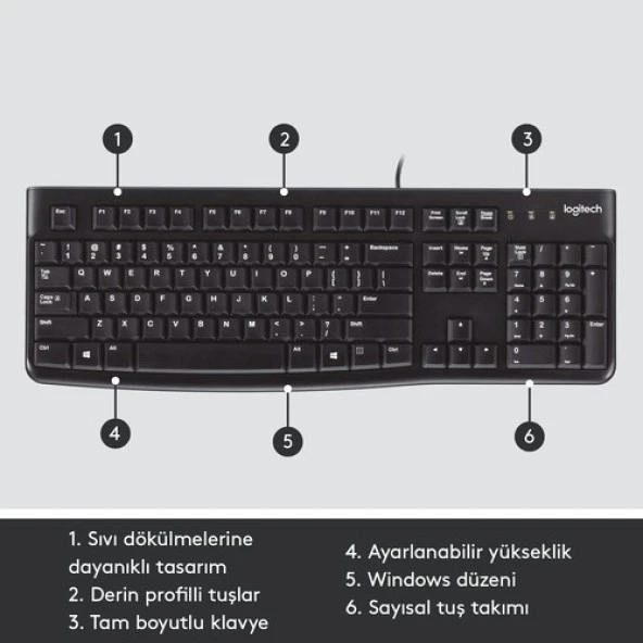 Logitech K120 USB Kablolu Türkçe Q Klavye - Siyah - Resim 6