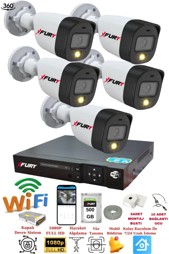 FURY 5 Kameralı 1080P 2Mp Görüntü Gece Renkli Full Hd Ultra Led Gece Renkli Güvenlik Kamerası Seti 500GB ürün görseli 1