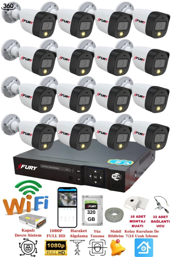 FURY 16 Kameralı Gece Renkli 1080P 2Mp Görüntü Full Hd Ultra Led Gece Renkli Güvenlik Kamerası Seti 320GB ürün görseli 1