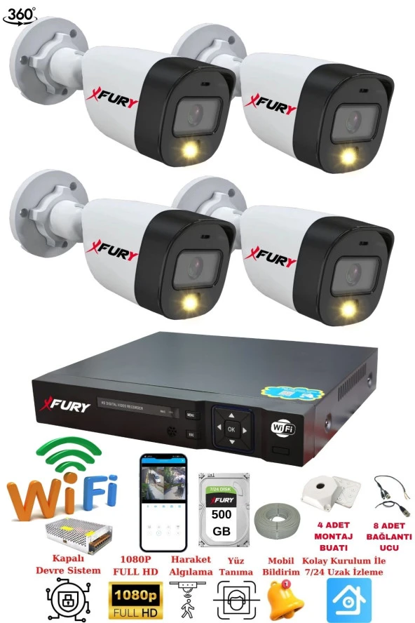 FURY 4 Kameralı 1080P 2Mp Görüntü Gece Renkli Full Hd Ultra Led Gece Renkli Güvenlik Kamerası Seti 500GB ürün görseli 1