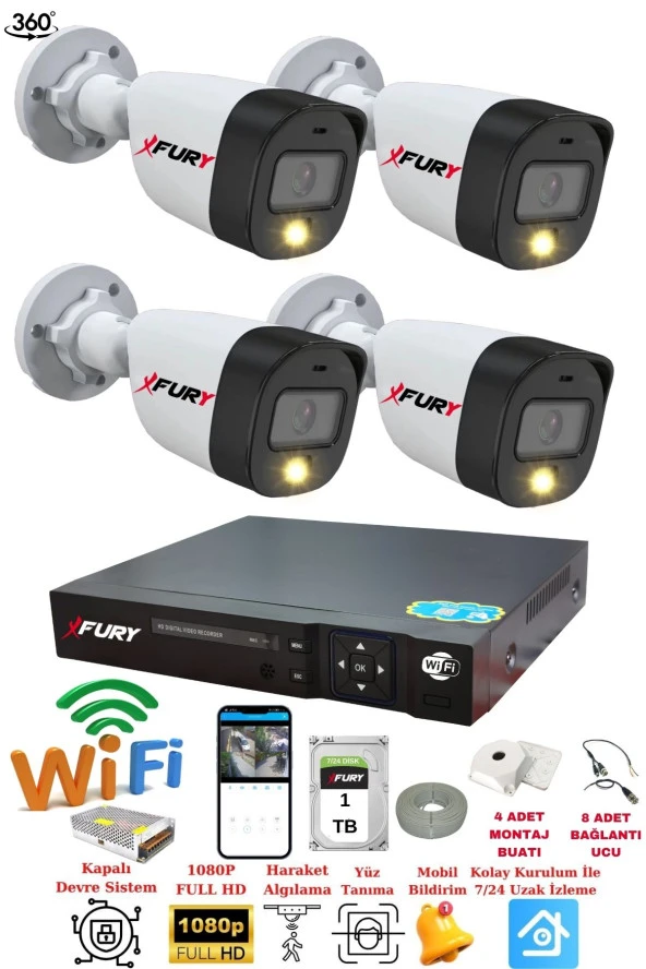 FURY 4 Kameralı 1080P 2Mp Görüntü Gece Renkli Full Hd Ultra Led Gece Renkli Güvenlik Kamerası Seti 1 TB ürün görseli 1
