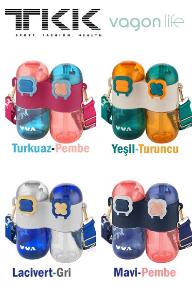 TKK Tek Gövde Çift Hazne 2*400 800ml Sıvı Kapasiteli Boyun Askılı Pipetli /Rahat içim Tritan Matara ürün görseli 1