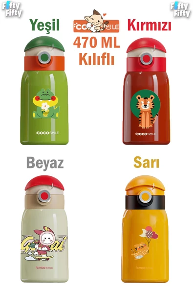 CocoSmile Özel Kutulu Kılıflı 470 ML Pipetli Çelik Termos -Boyun Askılı- 4 Farklı Model  csKılıflı ürün görseli 1