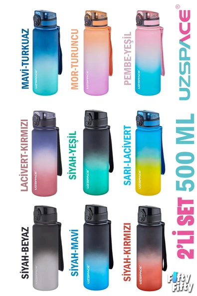 Uzspace 2'li Tritan Matara Seti 500 ml Çift Renk Softtouch FF Collection Tritan Su Matarası ürün görseli 1