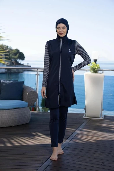 Estiva 24954 Marine Kollar Çizgili Tam Boy Tesettür Mayo ürün görseli 1