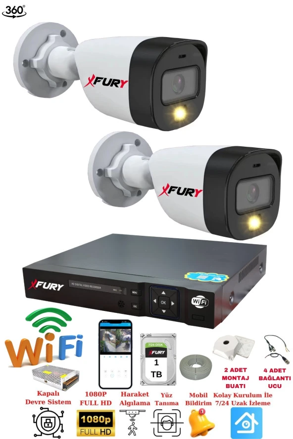 FURY 2 Kameralı 1080P 2Mp Görüntü Gece Renkli Full Hd Ultra Led Gece Renkli Güvenlik Kamerası Seti 1TB ürün görseli 1