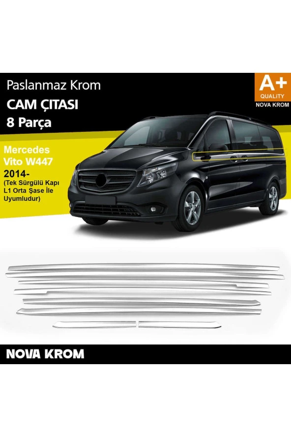Mercedes Vito W447 Krom Cam Alt Çıtaları 8 Prç. (Tek Sürgülü Kapı-L2 Orta Şasi) 2014 Üzeri ürün görseli 1