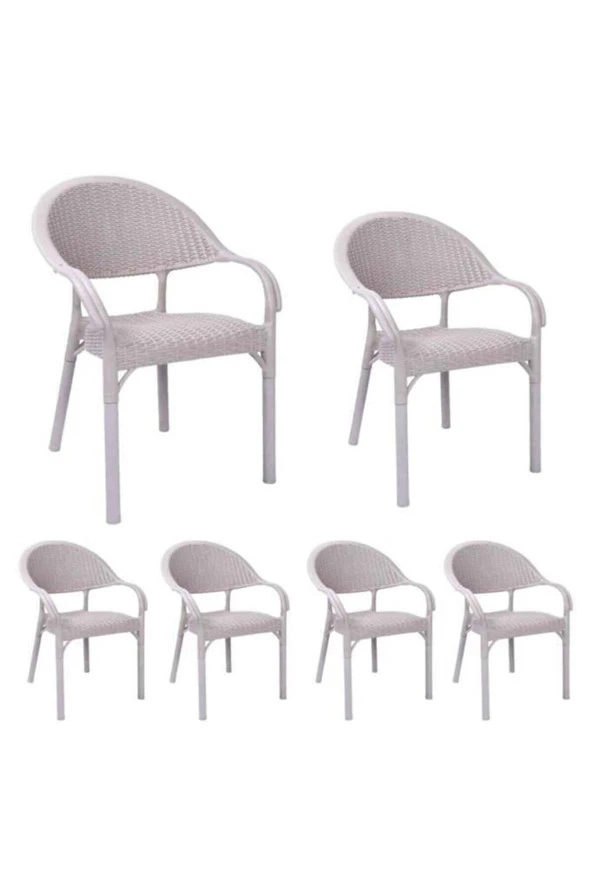 Almina Bambu Rattan Sandalye Kollu Koltuk Dayanıklı Bahçe Balkon Ve Teras Sandalyesi Krem 6 Adet ürün görseli 1