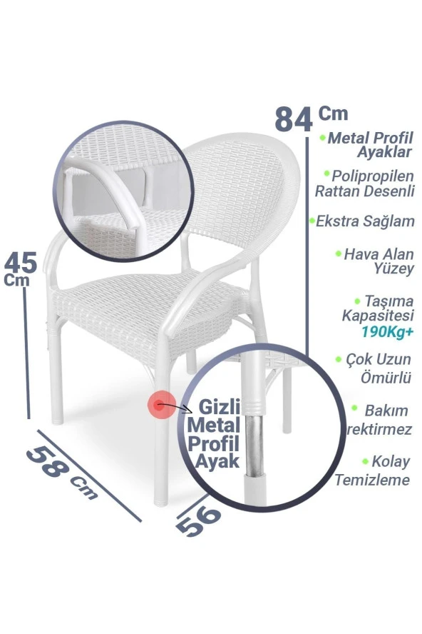 Almina Bambu Rattan Sandalye Kollu Koltuk Dayanıklı Bahçe Balkon Ve Teras Sandalyesi Beyaz 6 Adet ürün görseli 1