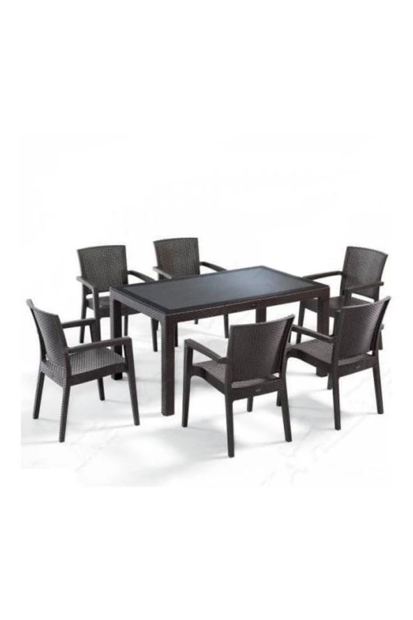 Almina Premium Rattan Masa Takımı 90X150 6'Lı Rattan Camsız Masa Takımı Kahverengi ürün görseli 1
