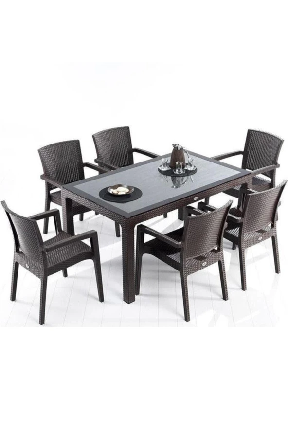 Almina İtaly Rattan Masa Takımı 6 Kişilik 90X150 Camsız Rattan Masa Takımı Bahçe Mobilyası ürün görseli 1